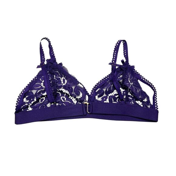 RSLOVE Purple Strappy Open Cup Lace Triangle Bow Bralette Size Small - Picture 2 of 3